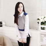 2016韩版秋装新款假两件娃娃领长袖衬衫中长款宽松显瘦拼接上衣女