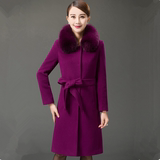 中年羊绒大衣2015冬中长款狐狸毛领时尚腰带修身女羊毛呢大衣外套