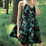 2016夏季新品时尚复古绸缎手绘无袖3D印花修身显瘦蓬蓬吊带连衣裙