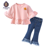 女童春装套装2016新款韩版牛仔喇叭裤儿童外套中小宝宝衣服两件套