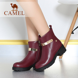 Camel/骆驼女鞋 时尚休闲 水染牛皮圆头中跟侧拉链粗跟中筒靴女靴