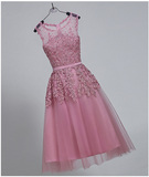 粉色晚礼服公司年会短款修身2016新款时尚无袖甜美蓬蓬裙气质优雅