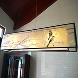 新中式古典手绘花鸟灯工程灯蚕丝亚麻布艺长方形中式吊灯长方形灯