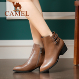 Camel/骆驼女鞋 时尚舒适 2015冬新款打蜡牛皮尖头拉链女靴