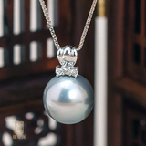 晓珍阁  天然海水珍珠18K白金镶嵌钻石13mm南洋灰色珍珠吊坠