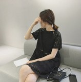 夏装新款韩国气质简约镂空蕾丝钩花显瘦短袖娃娃连衣裙（有内衬）