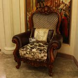 欧式布艺沙发 实木雕刻真皮休闲椅子 美式古典休闲沙发椅单人沙发