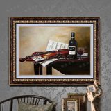 雅逸欧式油画手绘家居装饰有框餐厅酒店挂画静物小提琴红酒瓶ZM05
