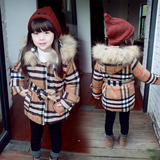 2015冬季冬装女童宝宝大毛领英伦风格子呢子大衣儿童加厚毛呢外套