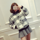 2015冬季新款韩版时尚格子单排扣立领长袖毛呢短外套女学生J166b