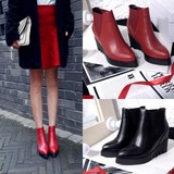 秋冬季新款真皮高跟女靴红色内增高短靴松糕底厚底尖头平底靴裸靴