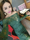 2016春装新款韩版女装夜店性感露肩一字领修身大码长袖蕾丝连衣裙