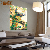 数字油画diy特价 客厅风景宜家大幅手绘装饰画花卉中国风山水孔雀