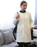 秋冬新款韩版圆领白色黑色羊毛呢子微宽松无领中长款大衣外套女装