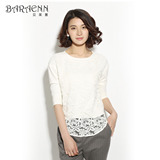 BARAENN2016春季新款韩版纯色百搭圆领拼接蕾丝五分袖T恤女修身
