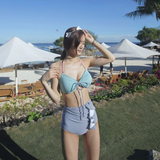 韩国新款时尚少女性感条纹复古高腰比基尼小胸分体泳衣女温泉游泳