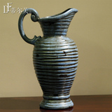 欧式陶瓷花瓶 横纹奶壶陶器花瓶花器 美式复古做旧插花瓶装饰