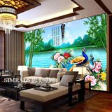 高清大型中式壁画电视背景墙纸 客厅装饰背景壁纸 花开富贵孔雀图