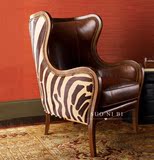老虎椅 实木单人沙发 新古典美式沙发椅客厅高背高档别墅皮布沙发
