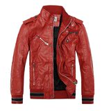 冬季加绒欧美男士机车皮衣青年红色休闲男修身皮夹克个性男式外套