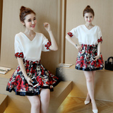 2016韩国新款夏季女装时尚甜美显瘦印花上衣高腰蓬蓬裙两件套女