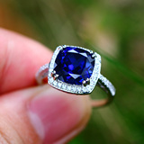 蓝宝石戒指925纯银镶嵌6.5克拉方形彩宝坦桑色珠宝指环镀18K金女