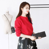 15秋冬韩版女时尚百搭街拍纯色大红短款宽松套头卫衣长袖上衣小衫