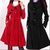 加肥加大码韩版15秋新款胖MM长袖红色中长款女装呢子大衣毛呢外套