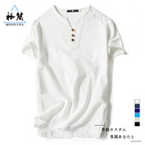 夏季大码男装中国风复古青中年亚麻短袖T恤男修身爸爸装半截袖潮