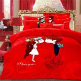 特价婚庆纯棉四件套大红色结婚全棉加厚磨毛床上用品床单床笠款