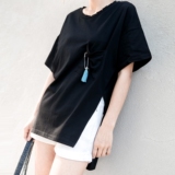 夏季韩版新款女纯棉黑白色短袖圆领简约个性宽松中长款大码t恤潮
