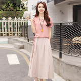 棉麻连衣裙女中长款两件套夏季短袖新款2016韩版修身气质套装长裙