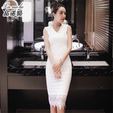 白色蕾丝连衣裙女2016夏季新款韩版中长款无袖时尚性感V领打底裙