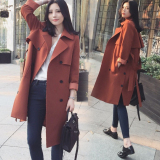 韩国2016新款春装韩版双排扣系带收腰中长款显瘦纯色女士风衣外套