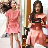 2016女装韩版修身新款粉色裙子修身显瘦连衣裙短袖中裙春夏厚款