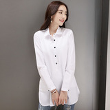 2016春装新款韩版女装修身显瘦白色衬衫女中长款长袖衬衣休闲上衣