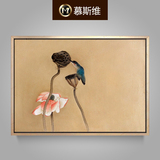纯手绘现代中式油画荷花工笔花鸟装饰画玄关餐厅单幅有框挂画横