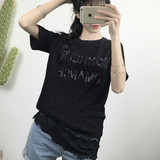 韩版2016夏装新款蕾丝打底衫假两件字母女式短袖T恤衫中长款A963