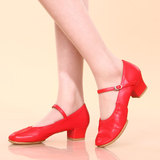 广场舞鞋女夏季新款浅口透气舞蹈鞋软底高跟跳舞鞋大红色真皮鞋子