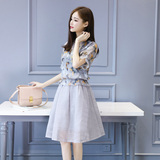 2016夏季新款女装韩版两件套装裙子短袖欧根纱印花雪纺连衣裙子潮