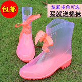 春夏新款韩国时尚透明雨鞋短筒果冻鞋丝带平底套鞋中筒雨靴女水鞋