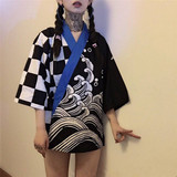 韩国女装原宿宽松百搭海浪印花拼接黑白格日系和服防晒外套开衫