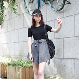 夏季韩版蝴蝶结格子半身裙中长款t恤女学生短袖高腰假两件连衣裙