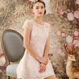 圆领短袖高端2016春夏装新款正品女装粉红玛丽中长款蕾丝连衣裙