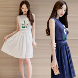 夏季新款韩版中长款无袖圆领连衣裙a型气质休闲花朵印花女式裙子