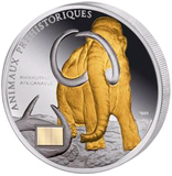 科特迪瓦2010年史前动物猛犸象化石实体镶嵌精制镀金银币。可议价