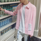 2016春季新林弯弯男装粉色贴布韩版修身男士长袖衬衫潮男流行衬衣