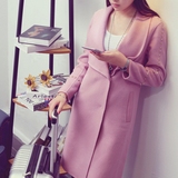 2015秋冬新品时尚修身气质翻领粉色中长款毛呢外套呢子大衣女装
