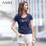 Amii[极简主义] 2016春夏新圆领弹力修身百搭手绘印花T恤