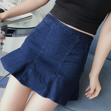 韩国夏季高腰鱼尾裙修身显瘦牛仔半身裙荷叶边a型短裙包臀裙裤
